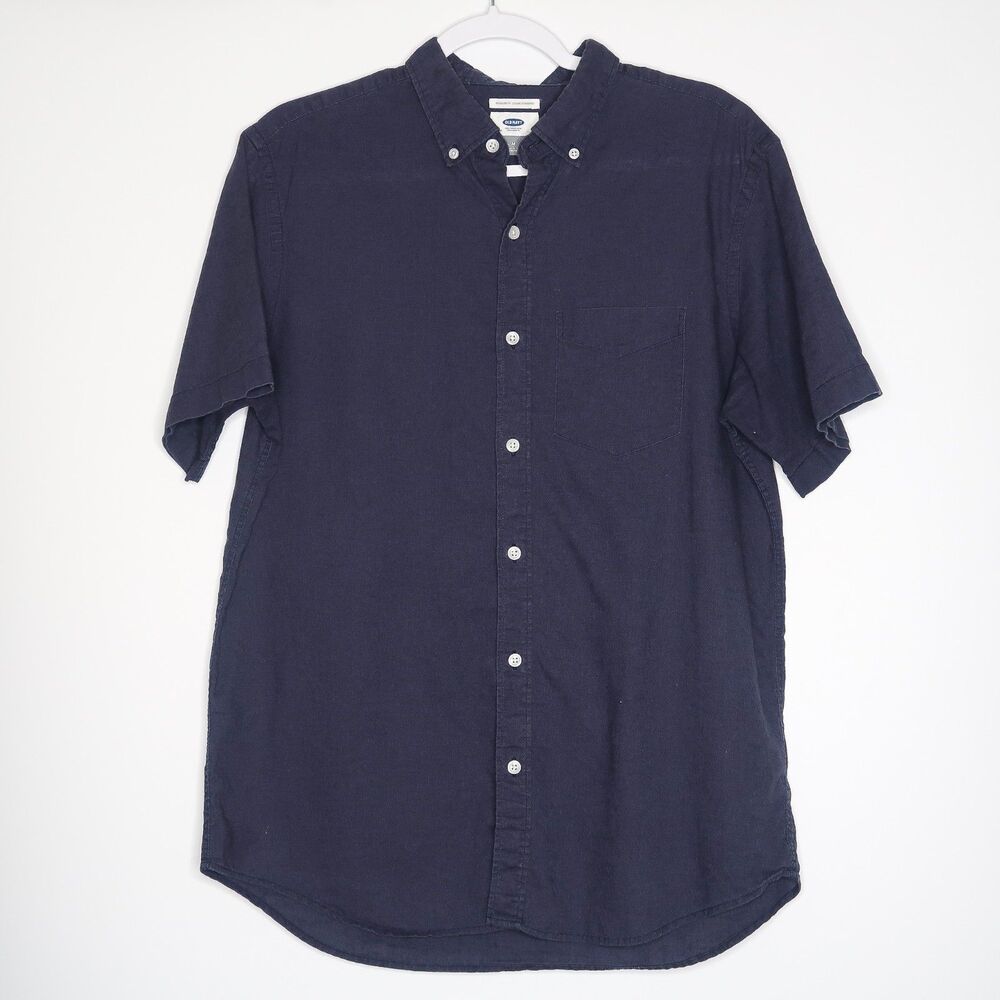 Old Navy Mens Button Up Size Medium Linen Blend Blue Short Sleeve Regular Fit